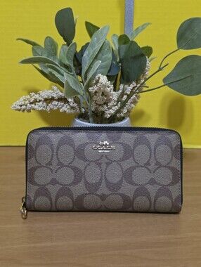 Coach Brown Signature Zip Around Wallet with Logo